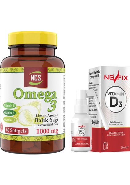 Omega 3 Limon Aromalı Balık Yağı 1000MG 60 Softgel & Nevfix Vitamin D3 Sıvı Sprey