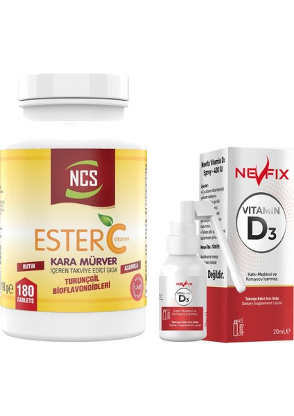 Kara Mürver Ester C Vitamini 1000 Mg 180 Tablet & Nevfix Vitamin D3 Sıvı Sprey