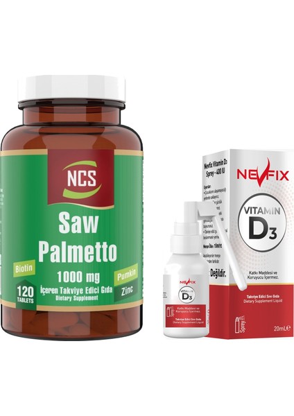 Biotin Zinc Complex Saw Palmetto 1000 Mg Pumpkin 120 Tablet & Nevfix Vitamin D3 Sıvı Sprey