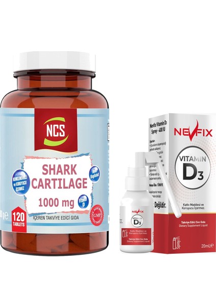 Shark Cartilage Demir Vitamin D3 1000 Mg 120 Tablet & Nevfix Vitamin D3 Sıvı Sprey
