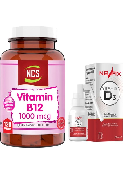 Vitamin B12 1000 Mcg 120 Tablet & Nevfix Vitamin D3 Sıvı Sprey