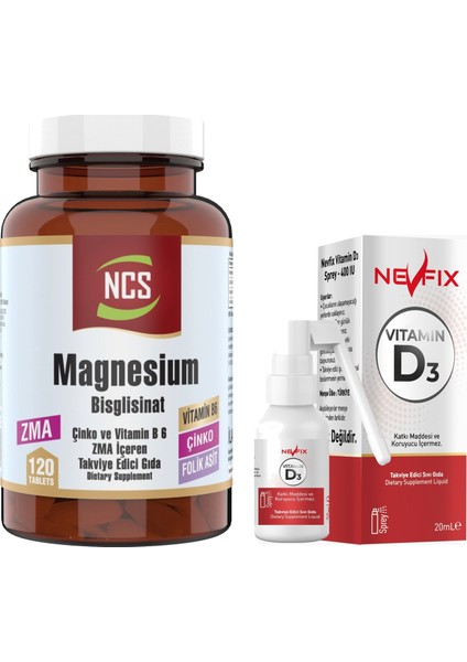 Magnesium Bisglisinat Zma Folic Acid Vitamin B 6 120 Tablet Çinko & Nevfix Vitamin D3 Sıvı Sprey