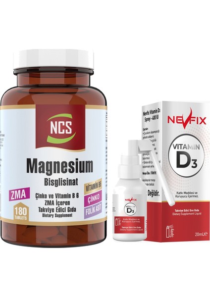 Magnesium Bisglisinat Zma Folic Acid Vitamin B 6 180 Tablet Çinko & Nevfix Vitamin D3 Sıvı Sprey