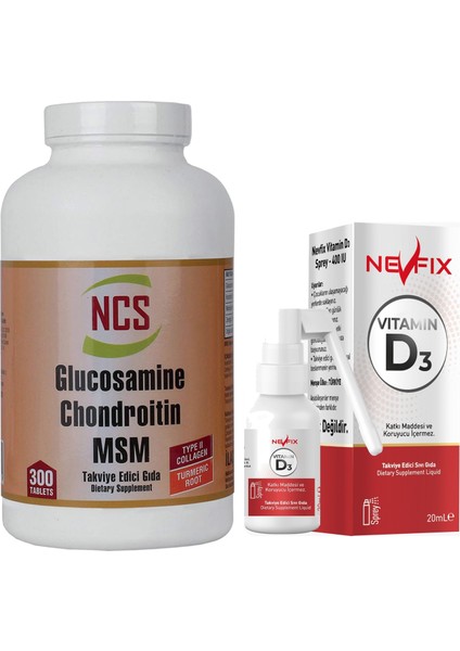 Glucosamine Chondroitin Msm Type Iı Collagen Turmeric 300 Tablet & Nevfix Vitamin D3 Sıvı Sprey