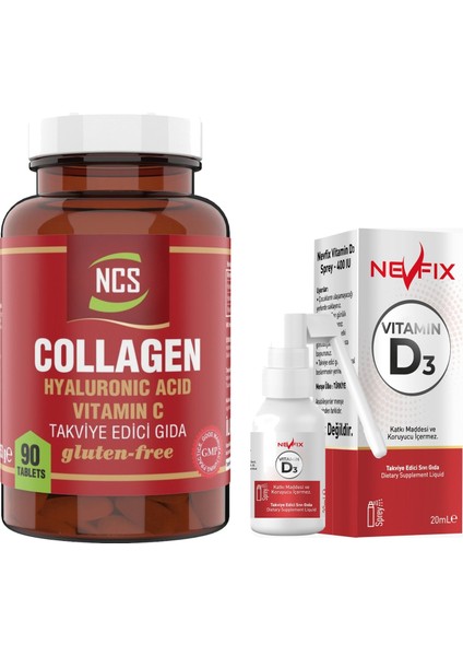 Collagen 1000 Mg Hidrolize Hyaluronic Acid Vitamin C 90 Tablet & Nevfix Vitamin D3 Sıvı Sprey
