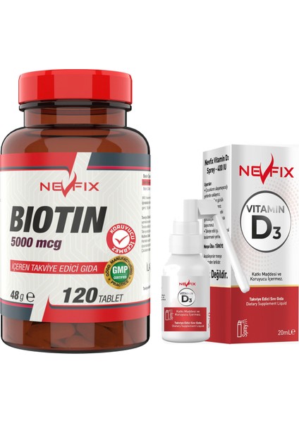 Nevfix Biotin 5000 Mcg 120 Tablet & Nevfix Vitamin D3 Sıvı Sprey