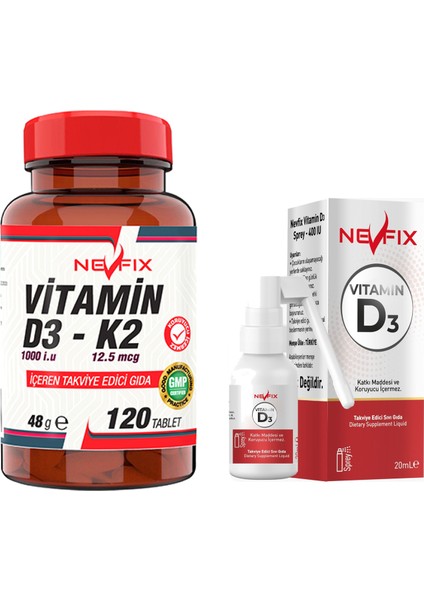 Vitamin D3-K2 120 Tablet & Nevfix Vitamin D3 Sıvı Sprey