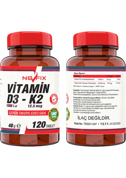 Vitamin D3-K2 120 Tablet & Nevfix Vitamin D3 Sıvı Sprey