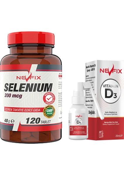 Selenyum 200 Mcg 120 Tablet & Nevfix Vitamin D3 Sıvı Sprey