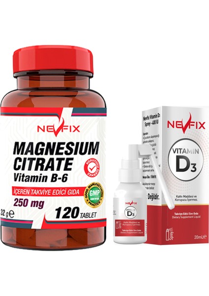 Magnesıum Cıtrate Vitamin B-6 120 Tablet & Nevfix Vitamin D3 Sıvı Sprey