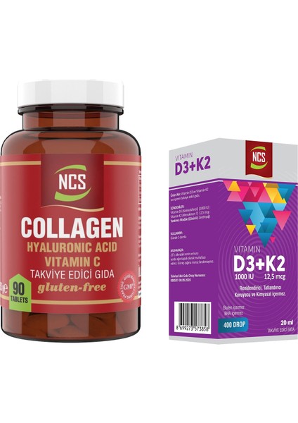 Collagen 1000 Mg Hidrolize Hyaluronic Acid Vitamin C 90 Tablet & Ncs Vitamin D3 + K2 Damla 20 ml