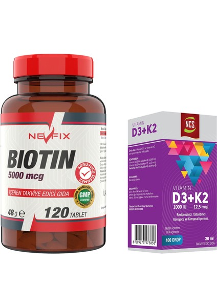 Biotin 5000 Mcg 120 Tablet & Ncs Vitamin D3 + K2 Damla 20 ml