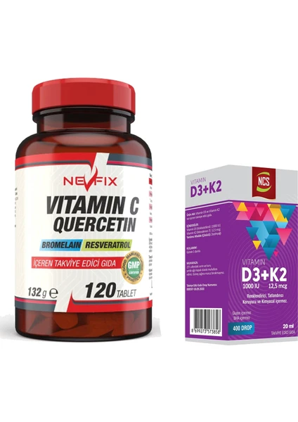 Vitamin C Quercetin Bromelain 120 Tablet & Ncs Vitamin D3 + K2 Damla 20 ml