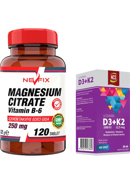 Magnesıum Cıtrate Vitamin B-6 120 Tablet & Ncs Vitamin D3 + K2 Damla 20 ml