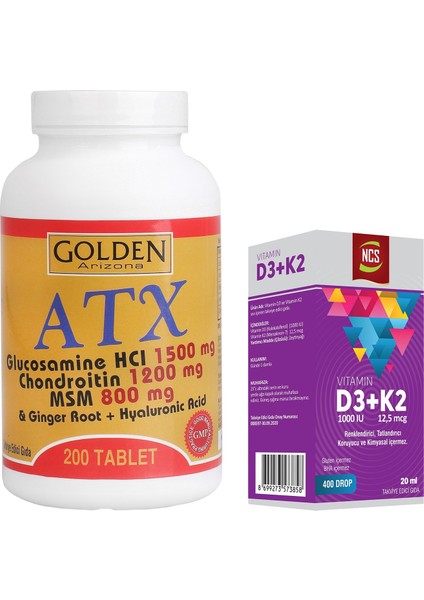 Golden Arizona Atx Glucosamine Chondroitin Msm 200 Tablet & Vitamin D3 + K2 Damla 20 ml