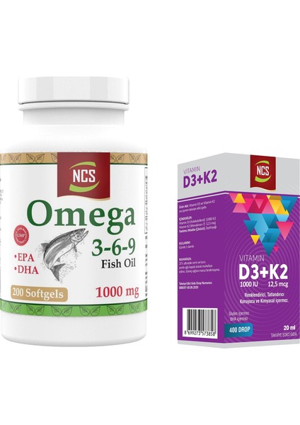 Omega 3-6-9 Fish Oil 1000MG 200 Softgels & Vitamin D3 + K2 Damla 20 ml