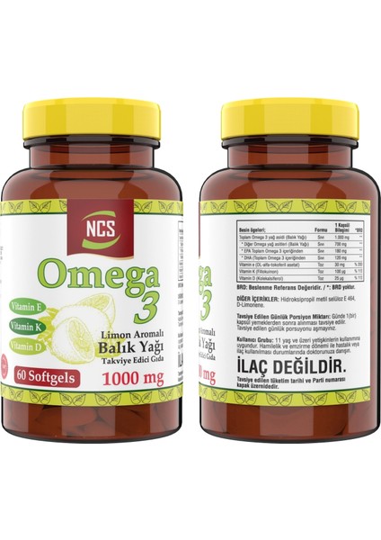 Omega 3 Limon Aromalı Balık Yağı 1000MG 60 Softgel & Ncs Vitamin D3 + K2 Damla 20 ml