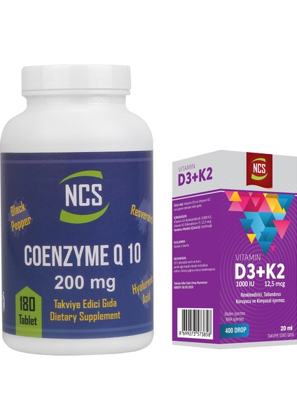 Coenzyme Q-10 200 Mg Resveratrol Hyaluronic Acid Koenzim 180 Tablet & Vitamin D3 + K2 Damla 20 ml