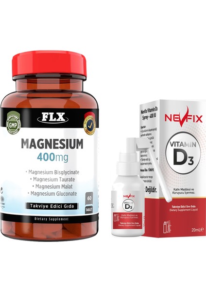 Magnezyum Magnesium Elementleri Complex 400 Mg 60 Tablet & Nevfix Vitamin D3 Sıvı Sprey