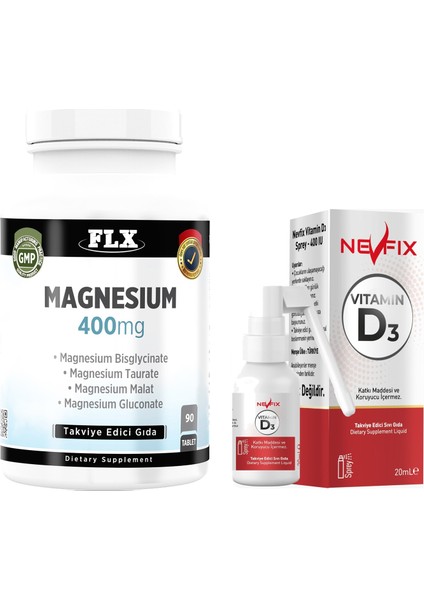 Magnezyum Magnesium Elementleri Complex 400 Mg 90 Tablet & Nevfix Vitamin D3 Sıvı Sprey