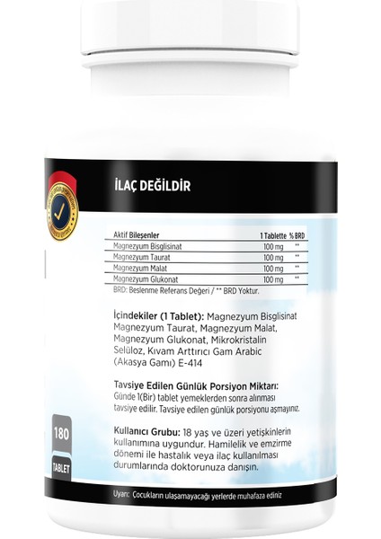 Magnesium Bisglisinat Malat Taurat Glukonat 3 KUTU180 Tablet