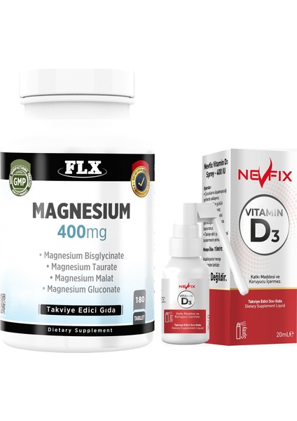 Magnesium Bisglisinat Malat Taurat Glukonat 180 Tablet & Nevfix Vitamin D3 Sıvı Sprey