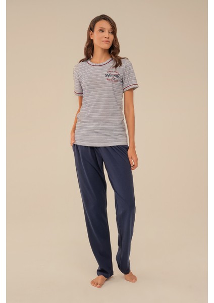 Eşli Kadın Çizgili Hawaii Nakış Kısa Kol Pijama Takım