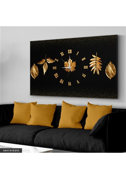 Gold Yapraklar Saatli Kanvas - Canvas Tablo