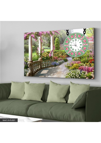 Çiçek Bahçesi Saatli Kanvas - Canvas Tablo