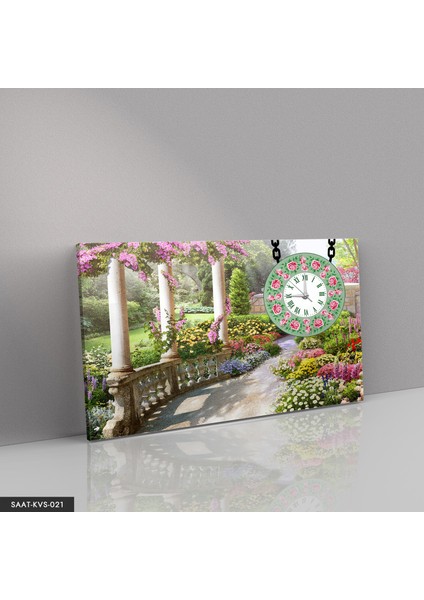 Çiçek Bahçesi Saatli Kanvas - Canvas Tablo