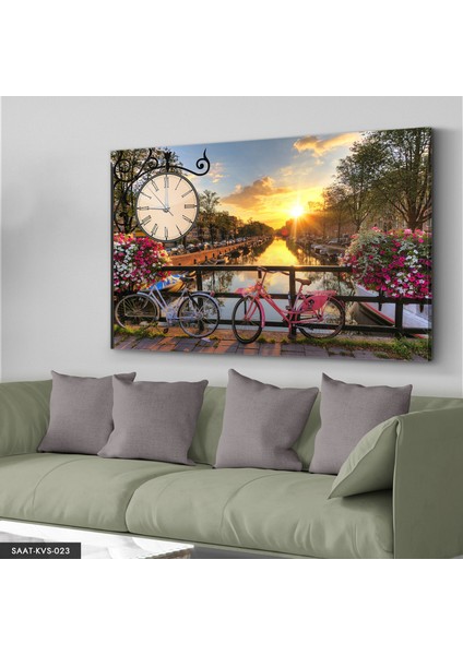 Çiçekler ve Bisiklet Saatli Kanvas - Canvas Tablo