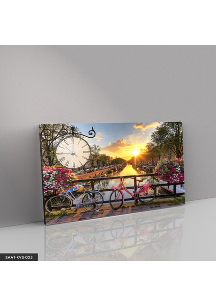 Çiçekler ve Bisiklet Saatli Kanvas - Canvas Tablo