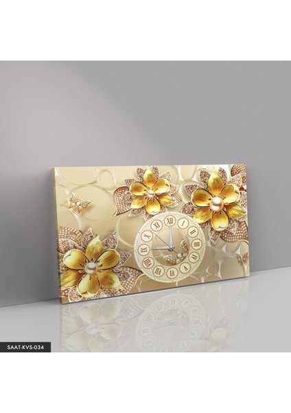 Gold Çiçekler Saatli Kanvas - Canvas Tablo