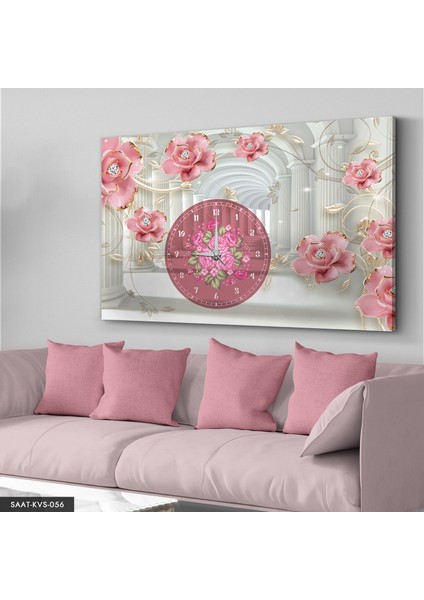 Pembe Çiçekler Saatli Kanvas - Canvas Tablo