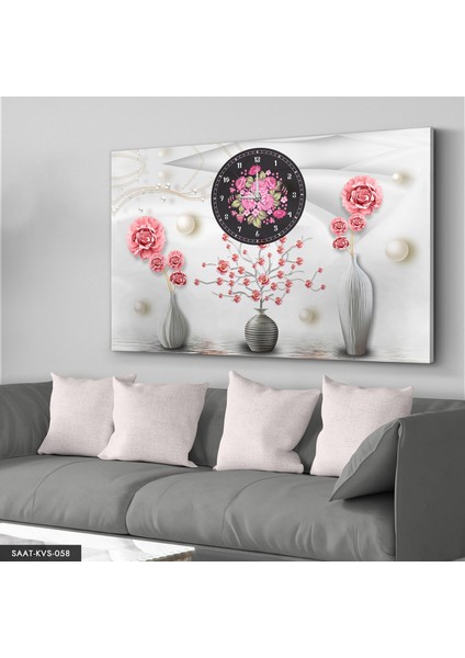 Gümüş Vazo Çiçekler Saatli Kanvas - Canvas Tablo