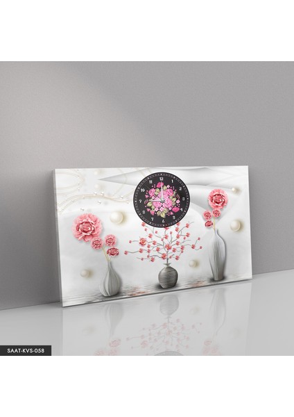 Gümüş Vazo Çiçekler Saatli Kanvas - Canvas Tablo