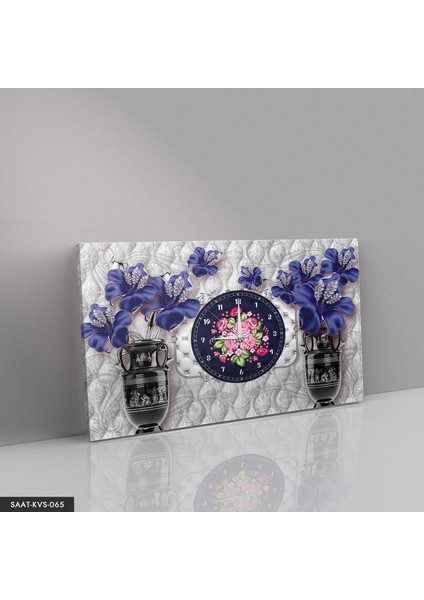 Mavi Çiçekler Saatli Kanvas - Canvas Tablo