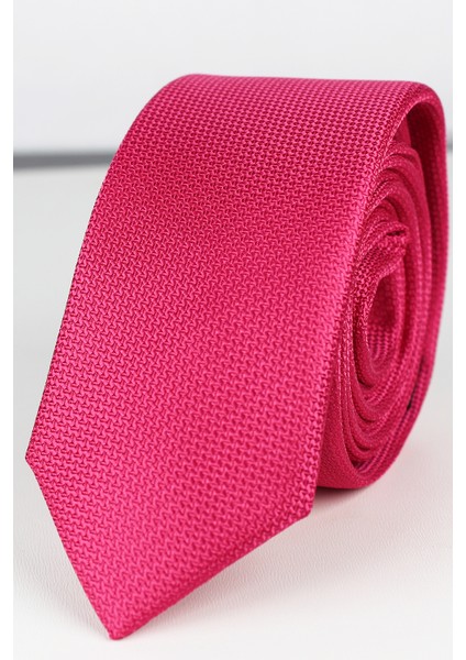 Erkek Koyu Pembe Armüllü Slim Fit Kuşgözü Desenli Mendilli Kravat