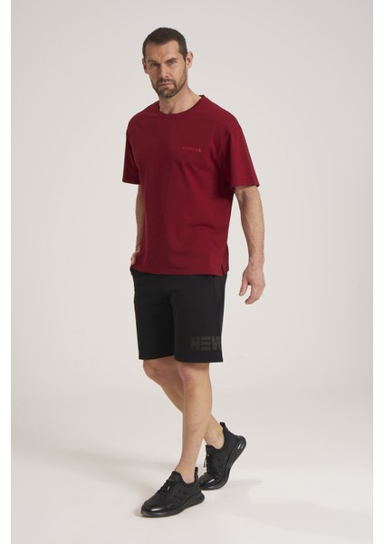 Oversize Erkek Tişört, Yüksek Kalite %100 Pamuk Göğüste Baskı Detaylı Bordo Tshirt