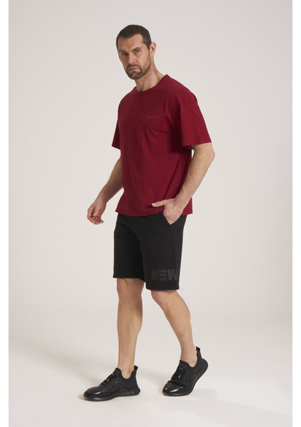 Oversize Erkek Tişört, Yüksek Kalite %100 Pamuk Göğüste Baskı Detaylı Bordo Tshirt