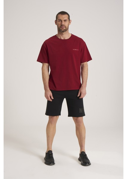 Oversize Erkek Tişört, Yüksek Kalite %100 Pamuk Göğüste Baskı Detaylı Bordo Tshirt