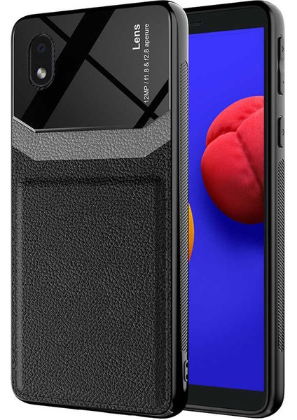 - Samsung Galaxy A01 Core - Kılıf Deri Görünümlü Parlak Mika Tasarımlı Emiks Kapak - Siyah - T17597