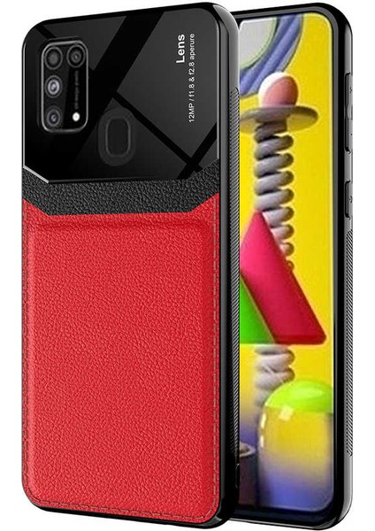 - Samsung Galaxy M31 - Kılıf Deri Görünümlü Parlak Mika Tasarımlı Emiks Kapak - Kırmızı - T17600