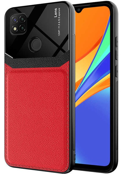 - Xiaomi Redmi 9C - Kılıf Deri Görünümlü Parlak Mika Tasarımlı Emiks Kapak - Kırmızı - T17578