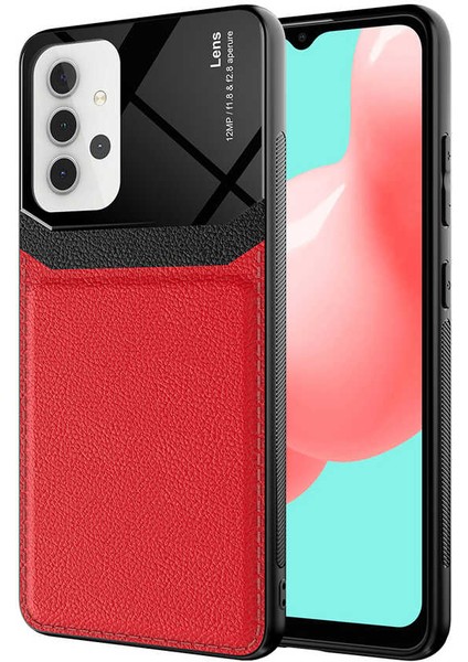 - Samsung Galaxy A32 4G - Kılıf Deri Görünümlü Parlak Mika Tasarımlı Emiks Kapak - Kırmızı - T17591