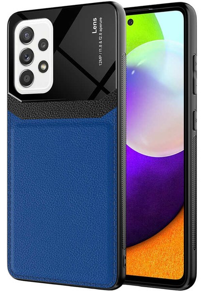 - Samsung Galaxy A52 - Kılıf Deri Görünümlü Parlak Mika Tasarımlı Emiks Kapak - Lacivert