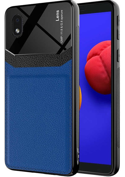 - Samsung Galaxy A01 Core - Kılıf Deri Görünümlü Parlak Mika Tasarımlı Emiks Kapak - Lacivert - T17597