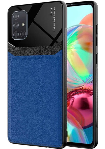 - Samsung Galaxy A71 - Kılıf Deri Görünümlü Parlak Mika Tasarımlı Emiks Kapak - Lacivert - T17593