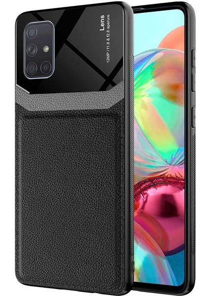 - Samsung Galaxy A71 - Kılıf Deri Görünümlü Parlak Mika Tasarımlı Emiks Kapak - Siyah - T17593