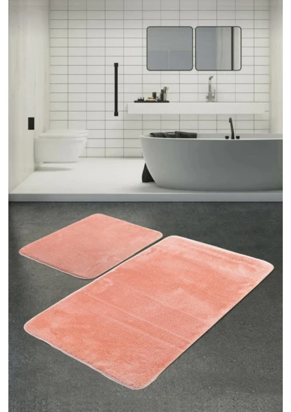 Post Peluş Banyo Paspas Takımı 2'li Jel Kaymaz Taban Klozet Takımı Pudra  100X60 - 50X 60